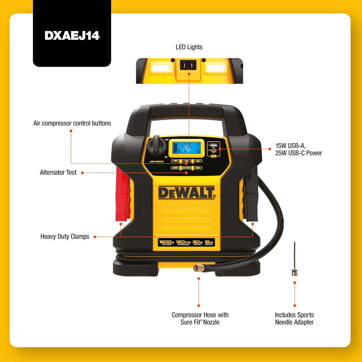 DEWALT DXAEPS14-Type2 2000 Peak Battery Amp 12V Automotive Battery Booster Jump Starter/Power Station with 120 PSI Compressor, 500W AC Power Inverter, and 15W USBa  25W USB Ports