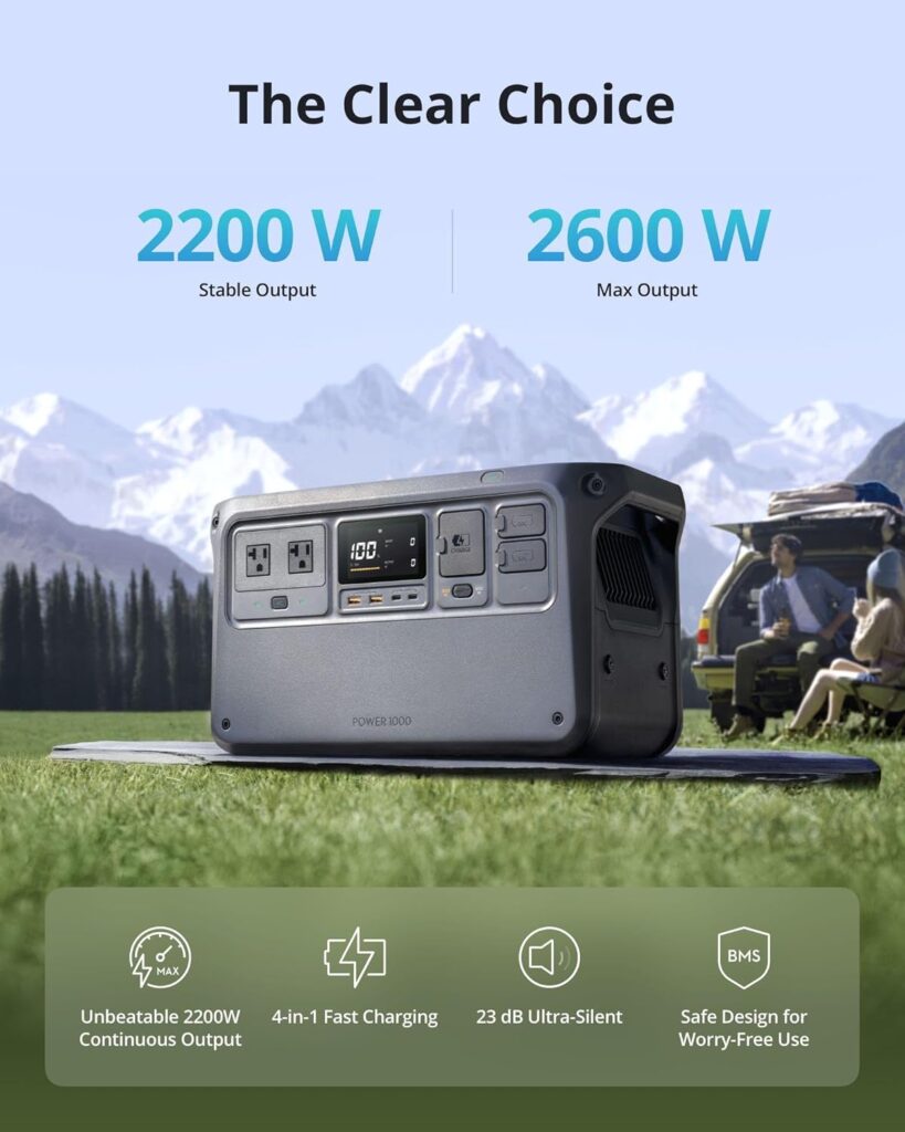 DJI Power 1000 Portable Power Station, 1024Wh LiFePO4 Battery, 2200W (Peak 2600W) AC/140W USB-C Output, 23db Ultra-Silent, Solar Generator For Home Backup, Camping(Solar Panel Optional)