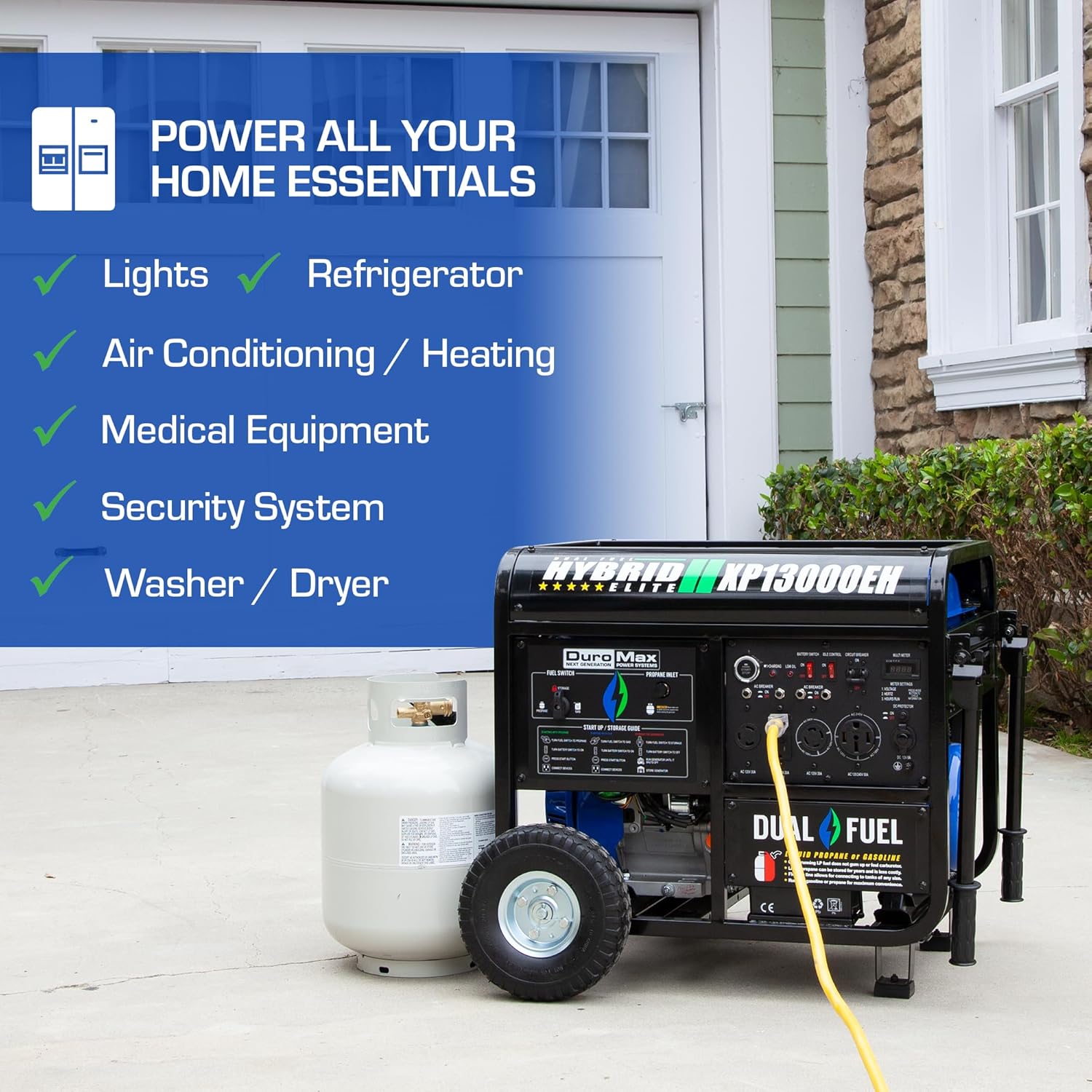 DuroMax XP13000EH 13,000-Watt Dual Fuel Portable Generator - Gas Propane, Electric Start, Whole Home Backup Power, Transfer Switch Ready, RV Emergency Ready DuroMax XP13000EH 13,000-Watt Dual Fuel Portable Generator - Gas Propane, Electric Start, Whole Home Backup Power, Transfer Switch Ready, RV Emergency Ready