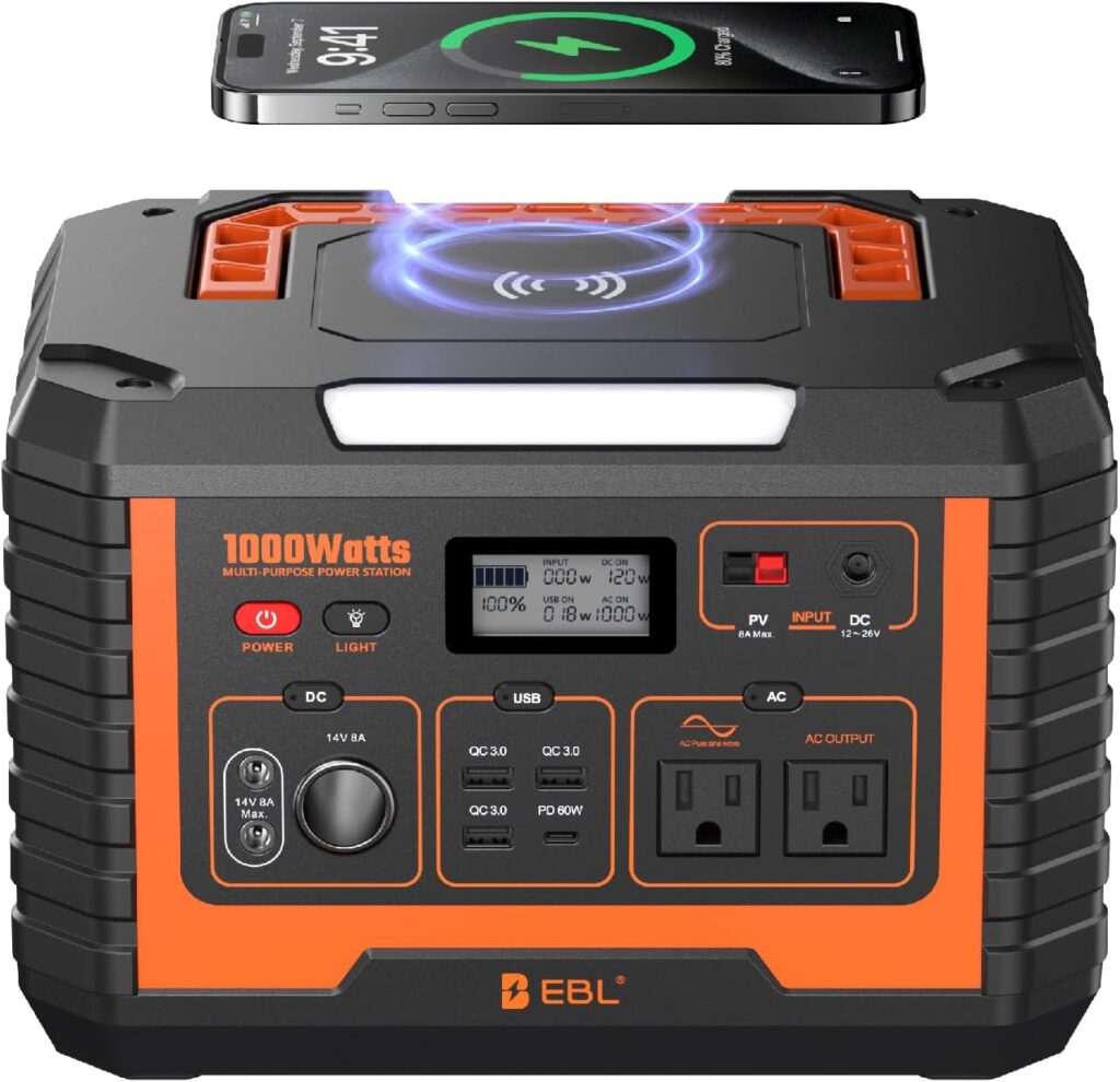 EBL Portable Power Station 1000W, 999Wh Solar Generator 2000W Peak, AC/Wireless Charging/60W USB-C Output, Lithium Battery for Emergency, Home Backup, Camping, RV, Off-Grid Living
