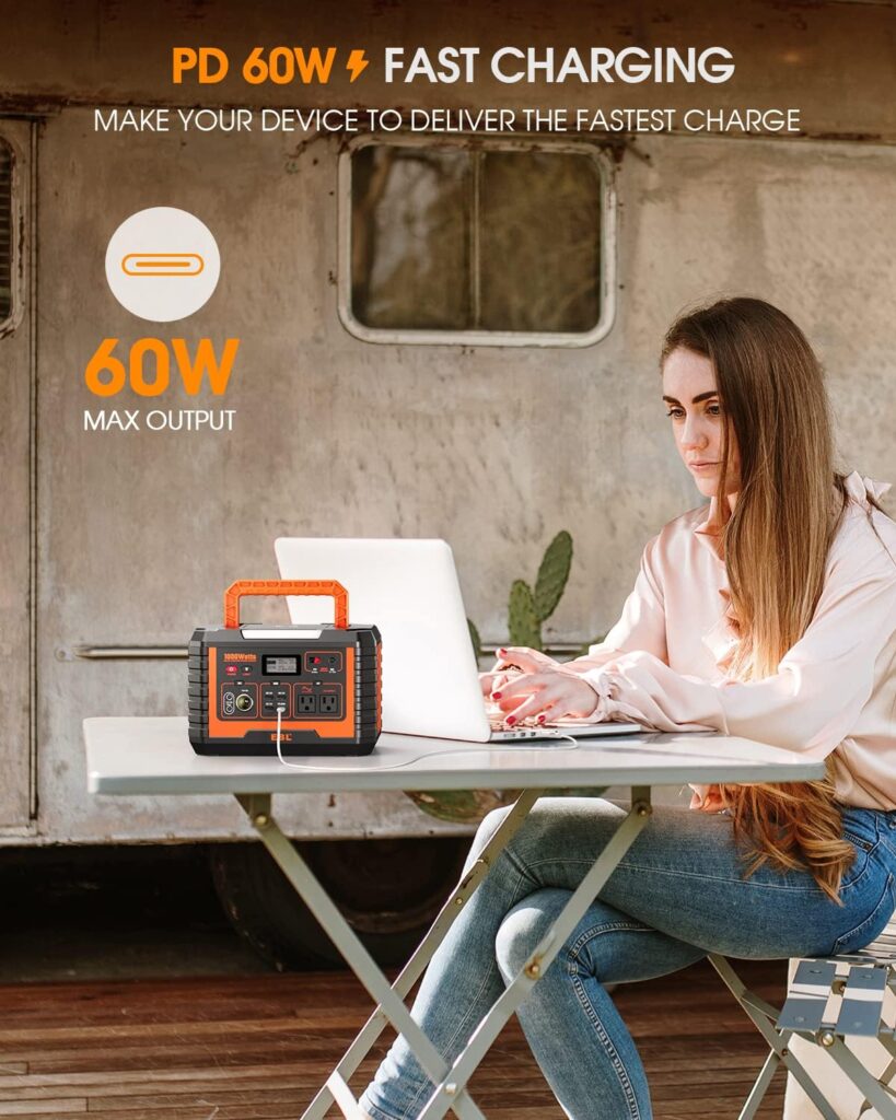 EBL Portable Power Station 1000W, 999Wh Solar Generator 2000W Peak, AC/Wireless Charging/60W USB-C Output, Lithium Battery for Emergency, Home Backup, Camping, RV, Off-Grid Living