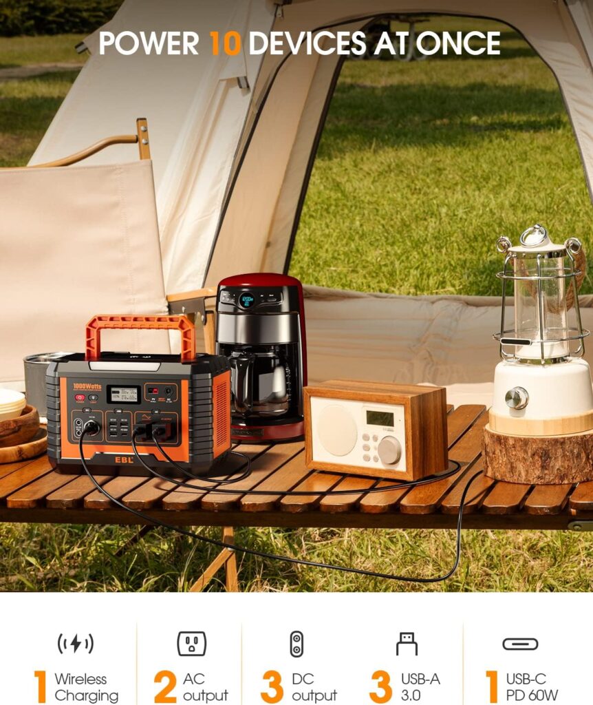 EBL Portable Power Station 1000W, 999Wh Solar Generator 2000W Peak, AC/Wireless Charging/60W USB-C Output, Lithium Battery for Emergency, Home Backup, Camping, RV, Off-Grid Living