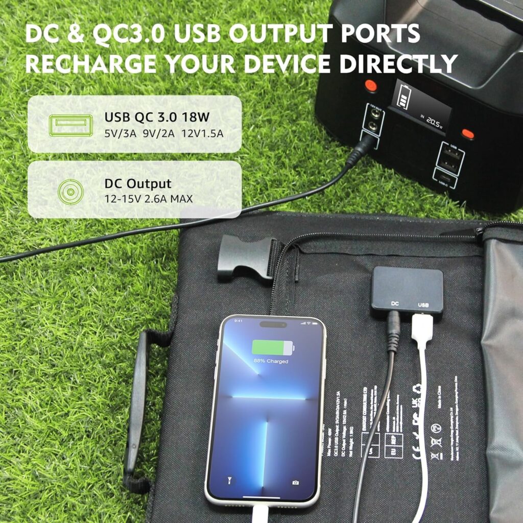ENGINSTAR 60W Foldable Solar Panel Charger with 18V DC Outlet for Portable Power Stations EnginStar/Jackery/Rockpals/Flashfish, Portable Solar Generator with QC 3.0 for Outdoor Camping Van RV Trip