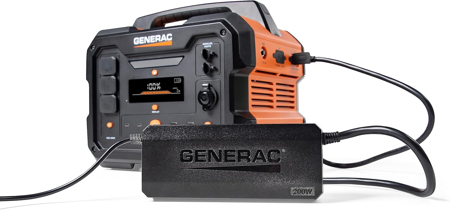 Generac 1086Wh Portable Power Station with Lithium-Ion Battery - Clean, Emission-Free Power - Wirless Charging Pad and Compact Design - Camping, RV, Indoor/Outdoor Use - Orange/Black