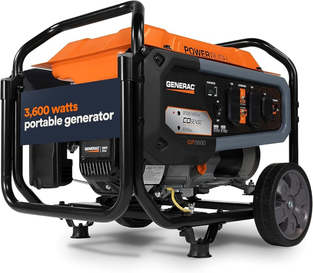 Generac 7678 GP3600 3,600-Watt Portable Generator 50-State / CARB Compliant for Reliable Power Anywhere, 24 W x 22.5 D x 21.3 H, Orange/Black