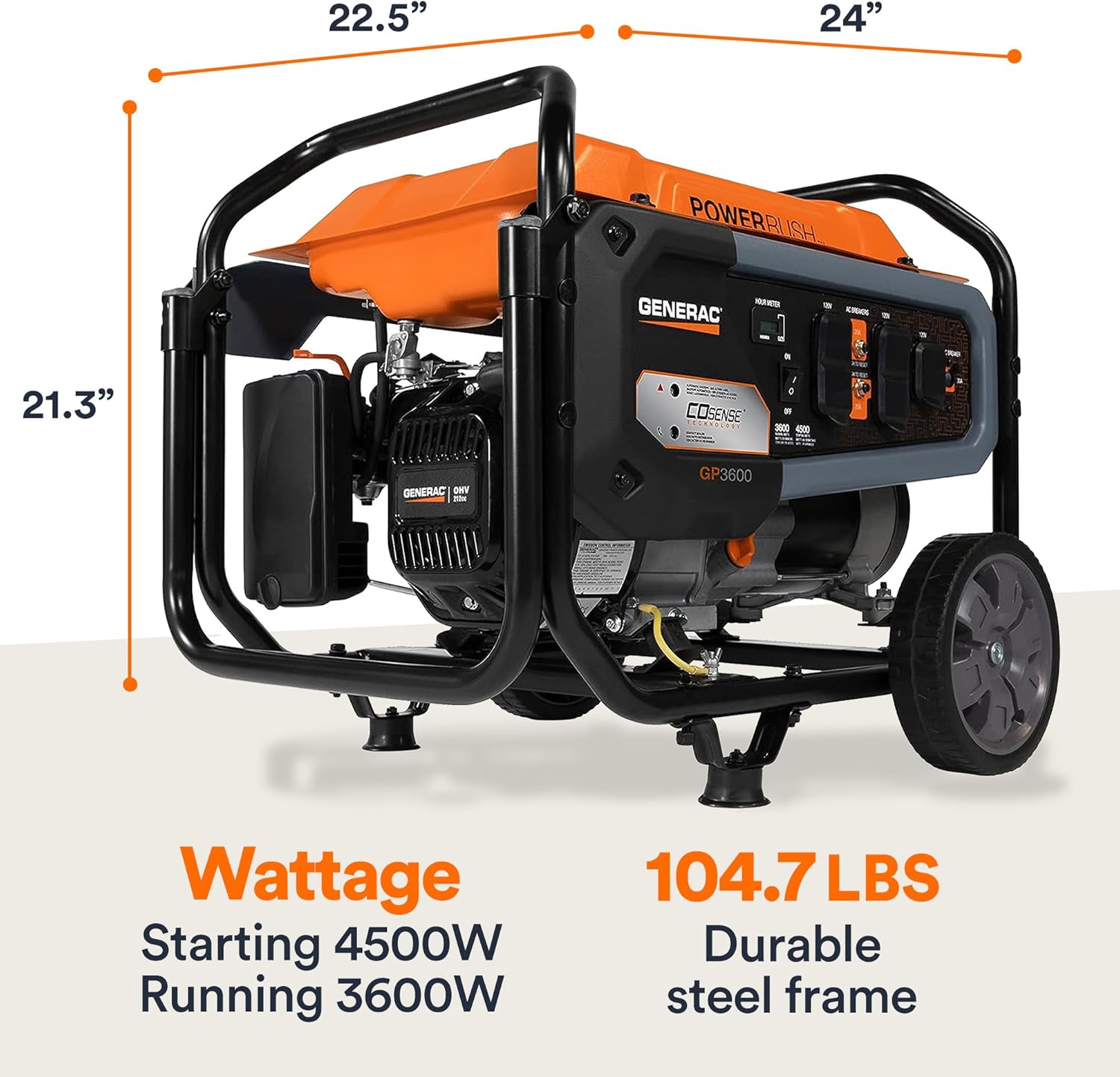 Generac 7678 GP3600 3,600-Watt Portable Generator 50-State / CARB Compliant for Reliable Power Anywhere, 24 W x 22.5 D x 21.3 H, Orange/Black