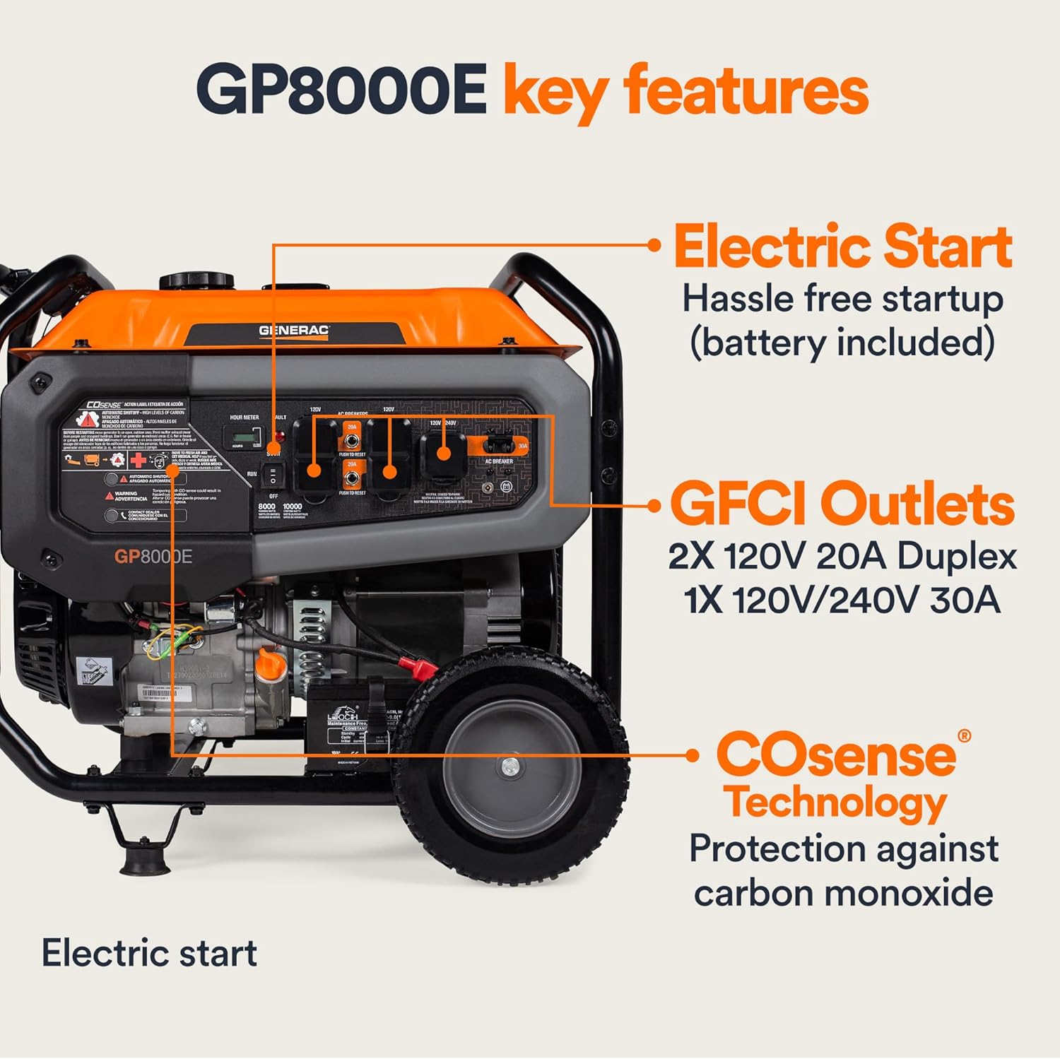 Generac 8,000-Watt Gas-Powered Portable Generator - COsense Technology - Powerrush Advanced Technology - Power for Emergencies and Recreation - Electric Start - Orange/Black - 50 State Compliant Generac 8,000-Watt Gas-Powered Portable Generator - COsense Technology - Powerrush Advanced Technology - Power for Emergencies and Recreation - Electric Start - Orange/Black - 50 State Compliant