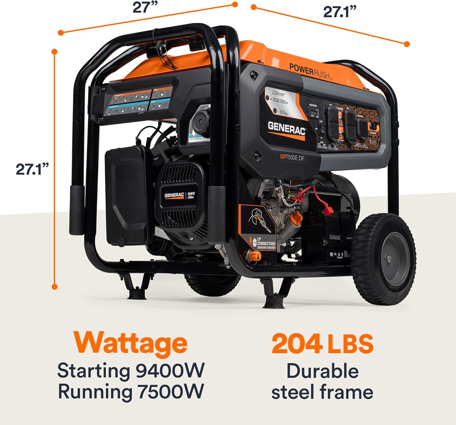 Generac 8011 GP7500E 7,500-Watt Dual-Fuel Compatible Portable Generator - Gas and Propane - COsense Technology with Electric Start - Powerrush Advanced Technology - Reliable Power Solution