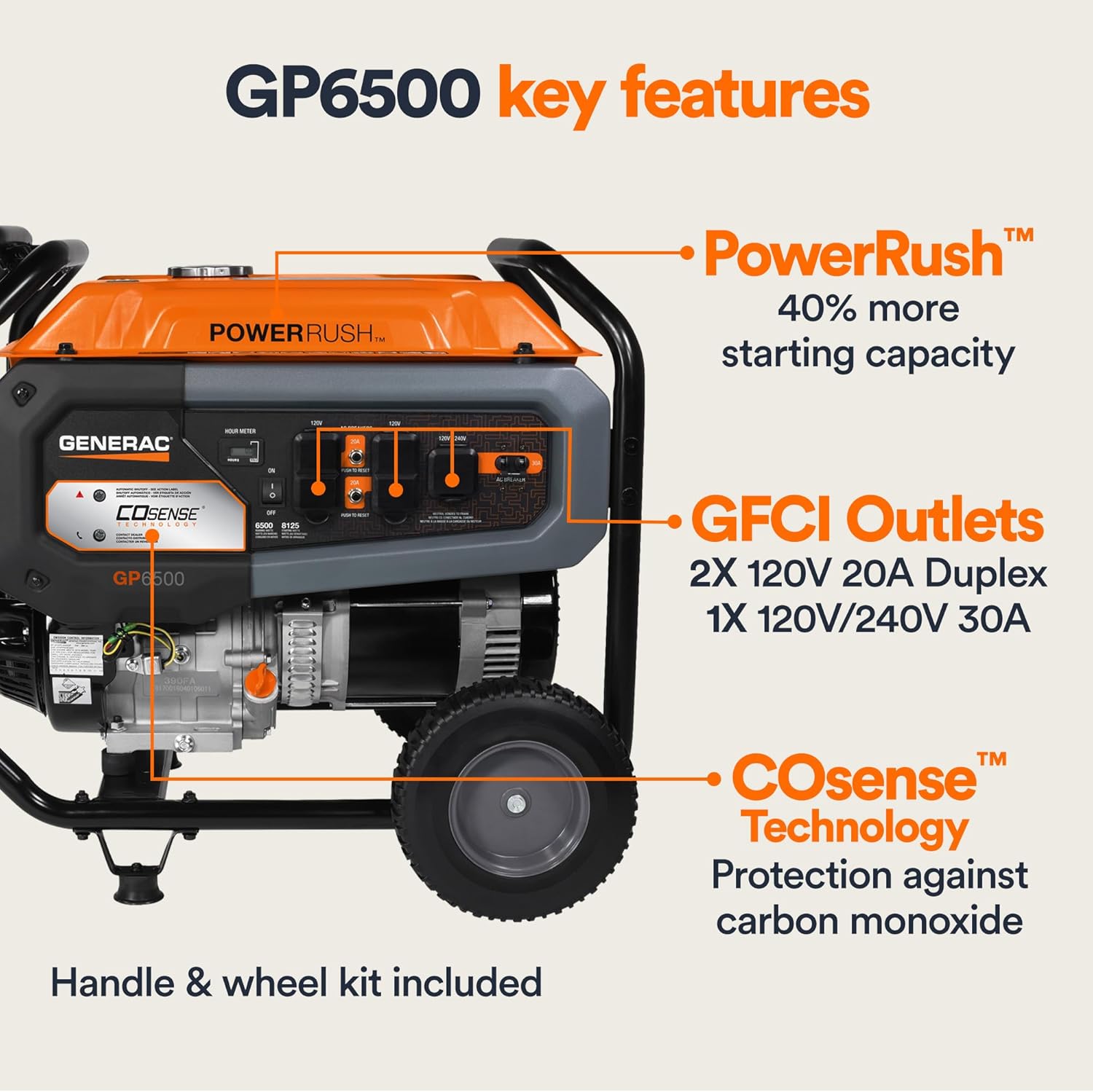 Generac 8,125 Starting Watt Portable Gas Generator - Includes Extension Cord - Home or RV Ready - Quiet, Long Runtime, Emergency Power - 49-State Compliant