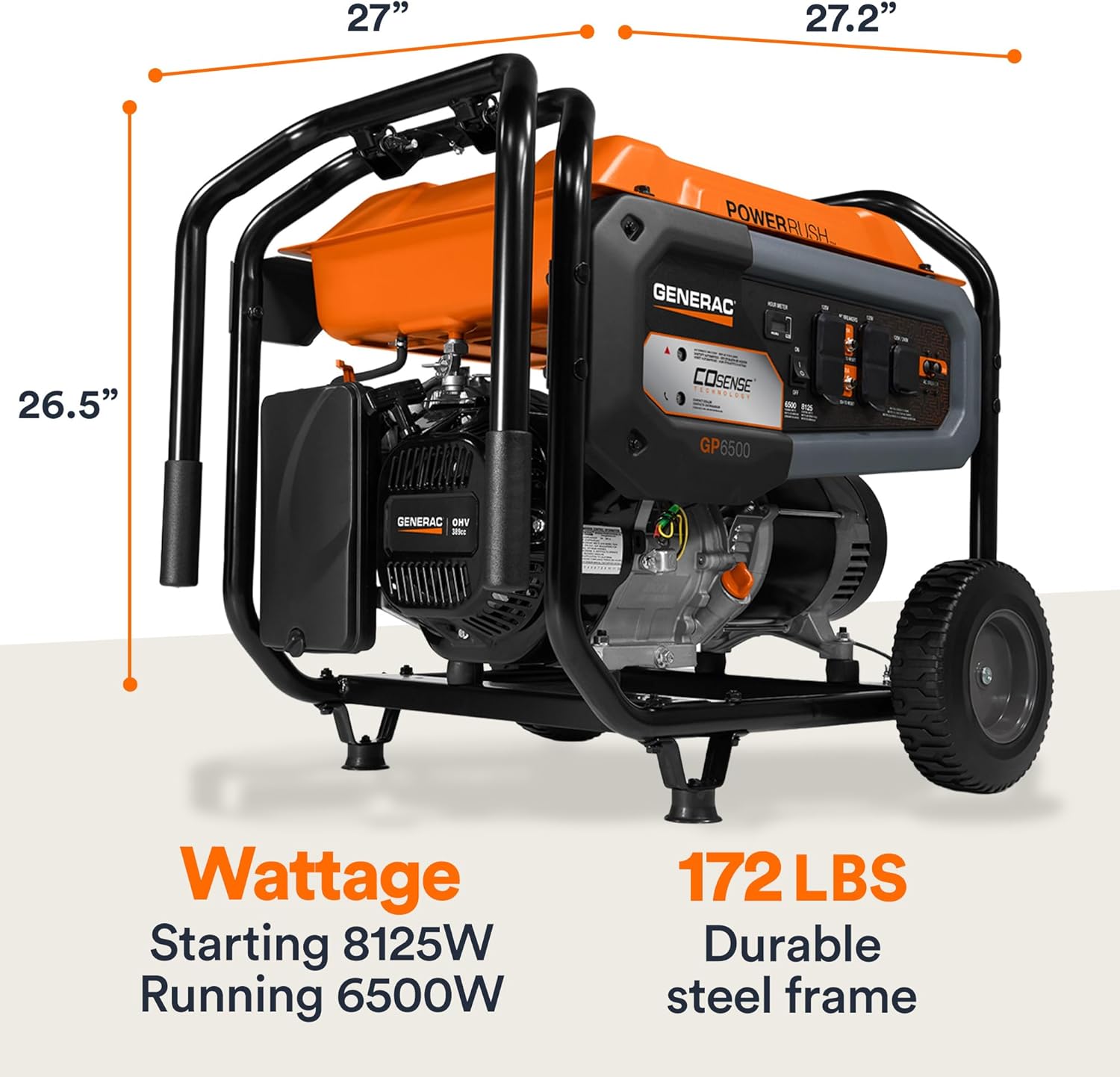 Generac 8,125 Starting Watt Portable Gas Generator - Includes Extension Cord - Home or RV Ready - Quiet, Long Runtime, Emergency Power - 49-State Compliant