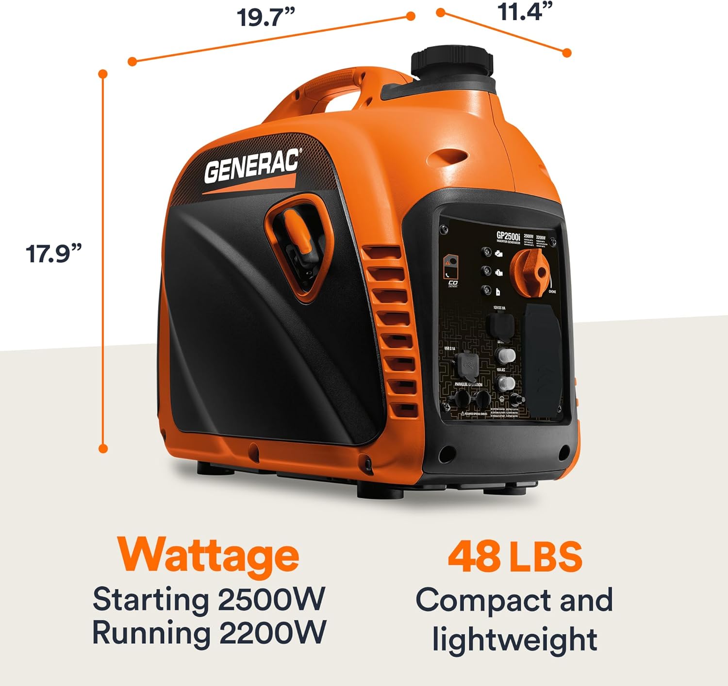 Generac 8251 GP2500i 2,500-Watt Gas Powered Portable Inverter Generator - Compact and Lightweight Design - Produces Clean, Stable Power - COsense Technology - CARB Compliant - Orange/Black