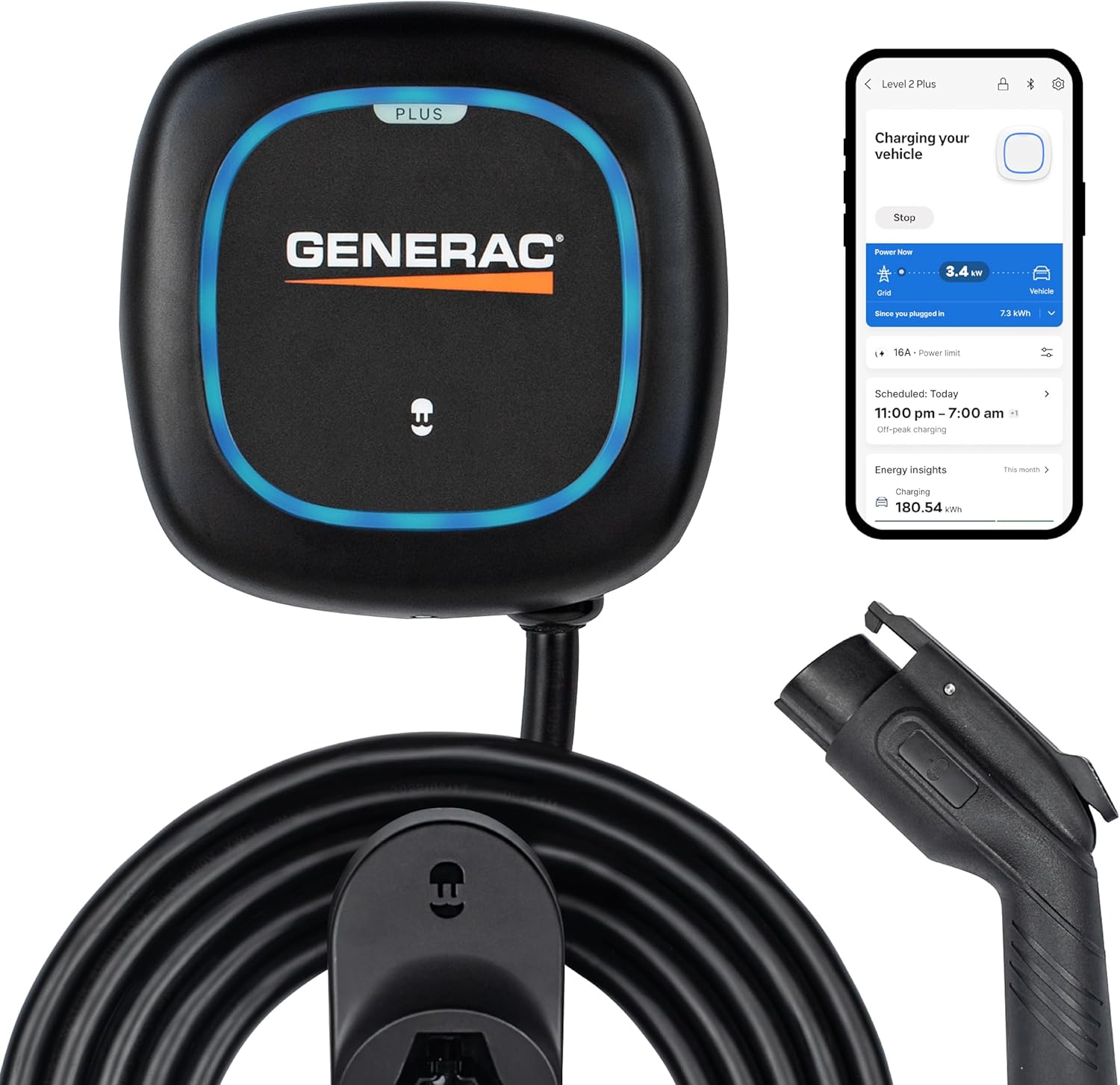 Generac Electric Vehicle (EV) Charger Level 2 Plus, 48 AMP - Quick Charge, Ultra Compact with 25 ft Cable - WiFi  Bluetooth App Management - Alexa  Google Home Comptabile - Energy Star/UL Certified