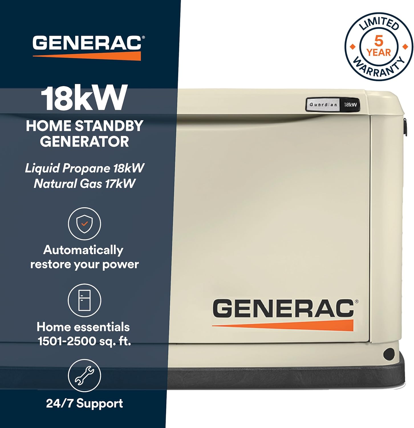 Generac Guardian 18kW Home Standby Generator with 200 Amp Transfer Switch - Automatic Whole House Backup Power for Storms, Emergencies, and Outages, WiFi Enabled, Runs on Natural Gas or Liquid Propane Generac Guardian 18kW Home Standby Generator with 200 Amp Transfer Switch - Automatic Whole House Backup Power for Storms, Emergencies, and Outages, WiFi Enabled, Runs on Natural Gas or Liquid Propane