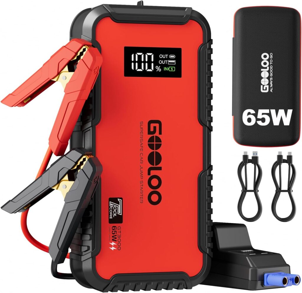 GOOLOO GT3000 Jump Starter, 3000A Battery Jumper Starter Portable with 65W Quick Charge, 12V SuperSafe Lithium Battery Booster(8.5L Gas/6.0L Diesel), Jump Box Pack with Jumper Cables
