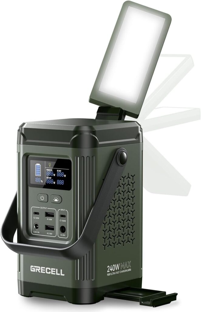 GRECELL 240W Portable Power Station LiFePO4 Battery, 154Wh Dual Way 100W USB-C PD, Portable Power Bank with Integrated Stand, Solar Generator for Outdoors, Camping, Travel (Wall Charger Not Included) GRECELL 240W Portable Power Station LiFePO4 Battery, 154Wh Dual Way 100W USB-C PD, Portable Power Bank with Integrated Stand, Solar Generator for Outdoors, Camping, Travel (Wall Charger Not Included)