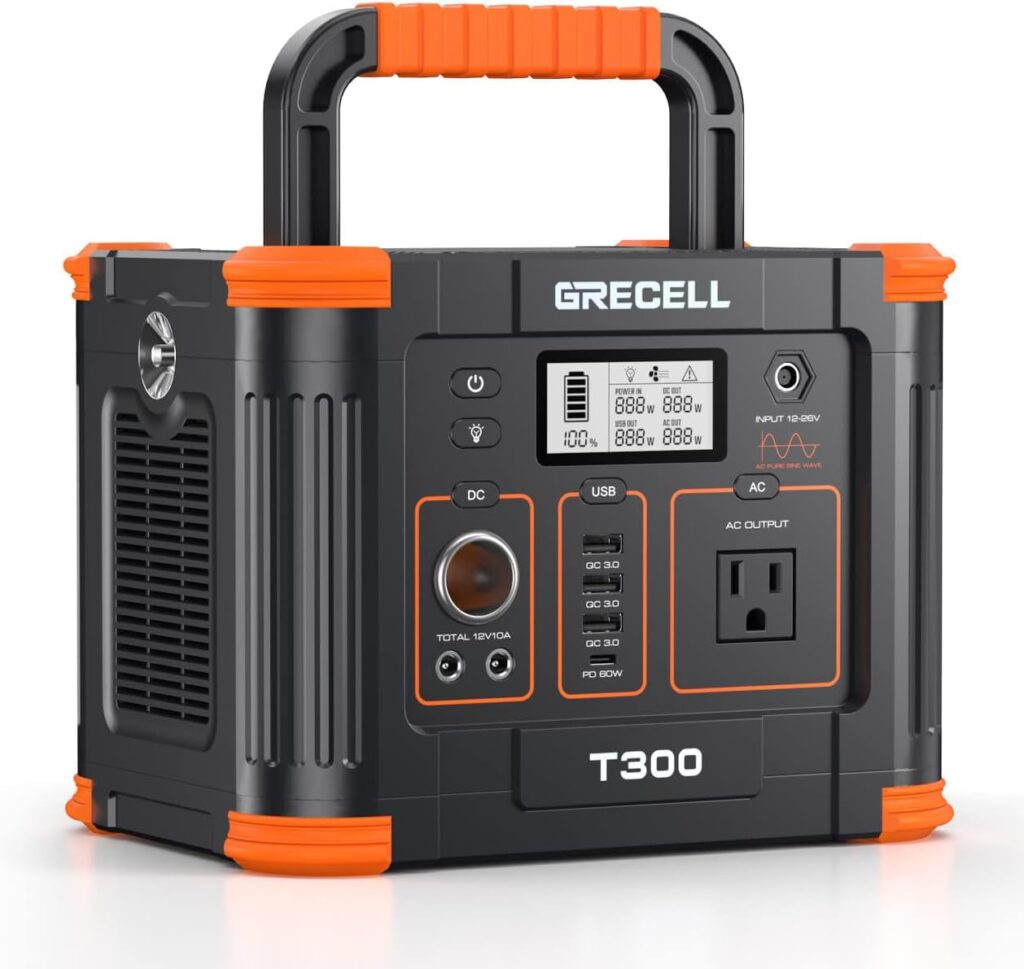 GRECELL Portable Power Station 300W (Peak 600W),GRECELL 288Wh Solar Generator with 60W USB-C PD Output, 110V Pure Sine Wave AC Outlet Backup Lithium Battery for Outdoors Camping Travel RVs