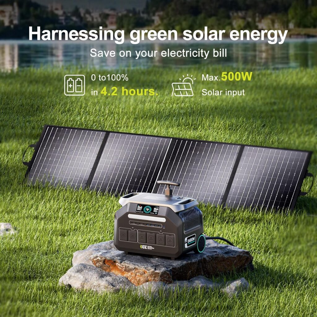 IEE 2400W (5000W Peak) Portable Power Station P2400 with 100W Solar Panel, 2048Wh Solar Generator, 1800W AC Charging, AC Outlets x 4, LiFePO4 Battery Power Station for Home Use, Power Outage, RV