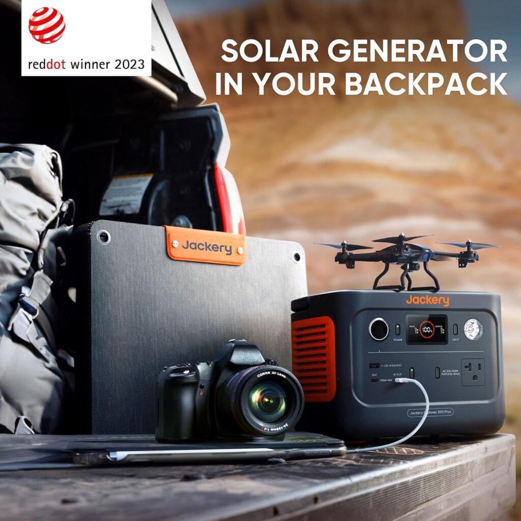Jackery Solar Generator 300 Plus Portable Power Station with 40W Book-sized Solar Panel, 288Wh Backup LiFePO4 Battery, 300W AC Outlet, Only 5KG for RV, Outdoors, Camping, Traveling, and Emergencies (Renewed)