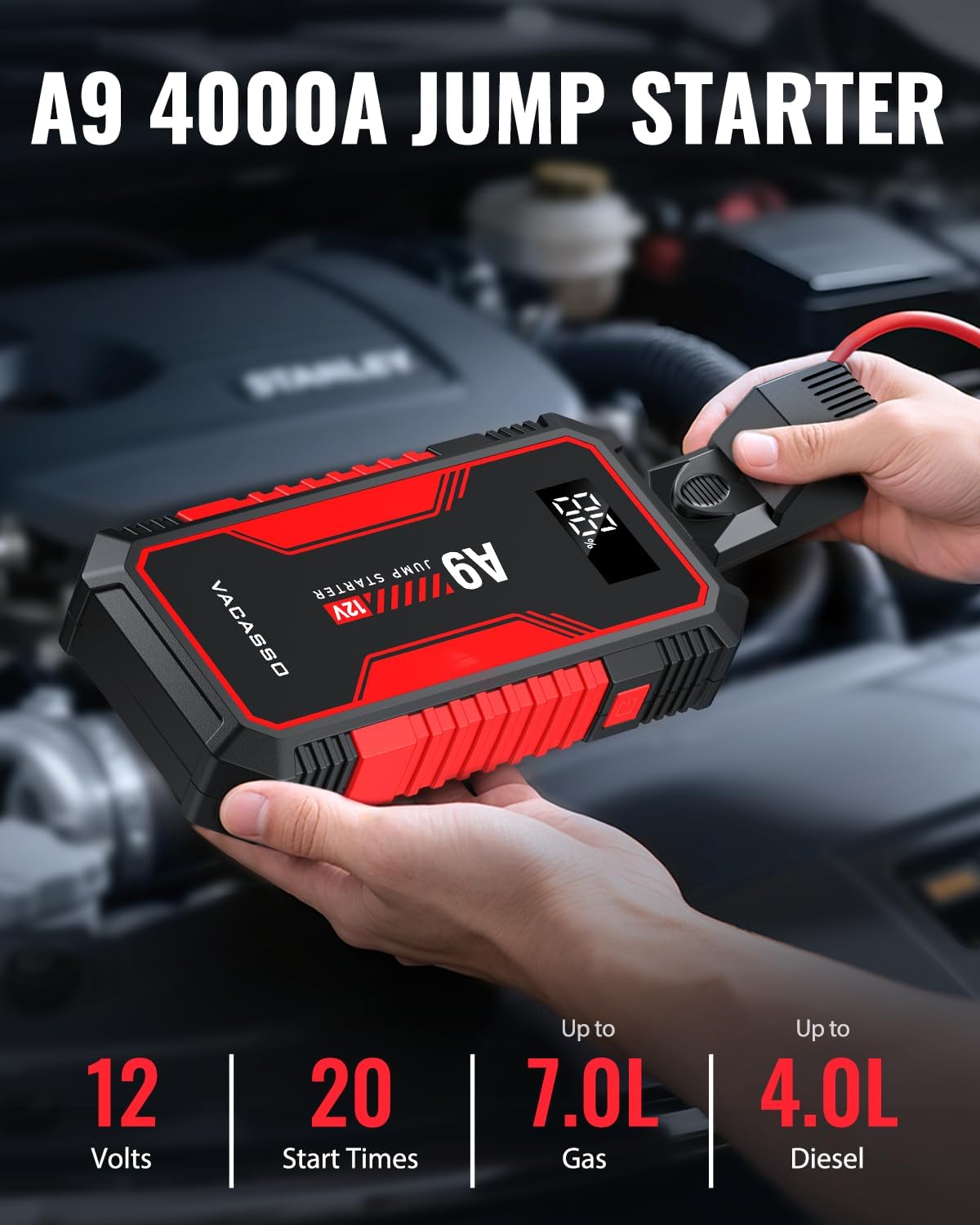 Jump Starter 4000A, VACASSO A9 Battery Jumper Starter Portable (7L Gas/4L Diesel), 12V Car Battery Booster Jump Starters Pack, Jumpstart with USB Ports, Jumper Cables, LED Light, Storage Case