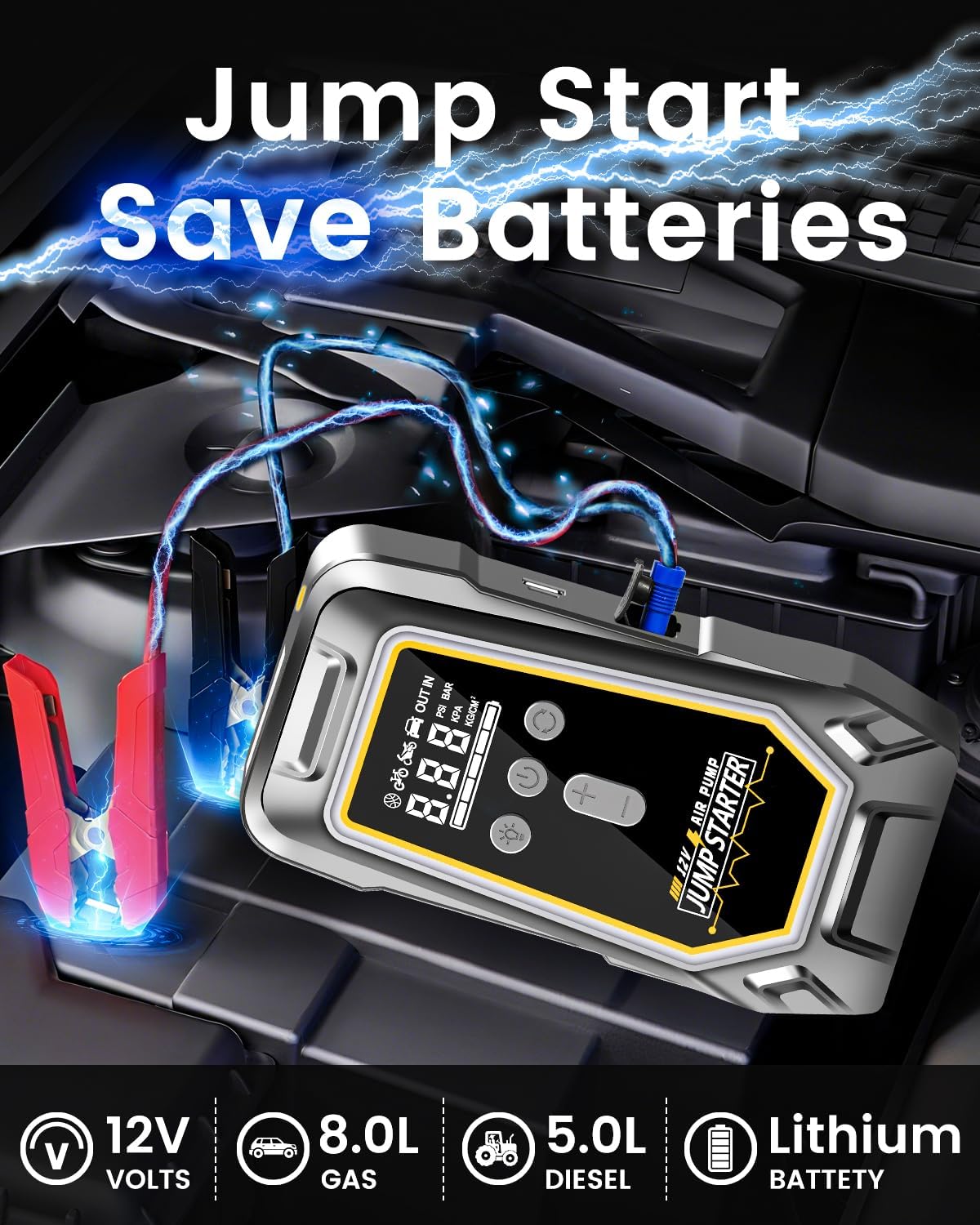 Jump Starter with Air Compressor - 3X Faster Inflation, 150PSI Portable Tire Pump for Car Tires with Digital Pressure Gauge, LED Light Cordless Pump for Car Starting, Motorcycle, Bicycle, Balls