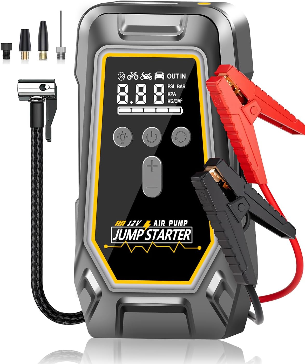 Jump Starter with Air Compressor - 3X Faster Inflation, 150PSI Portable Tire Pump for Car Tires with Digital Pressure Gauge, LED Light Cordless Pump for Car Starting, Motorcycle, Bicycle, Balls