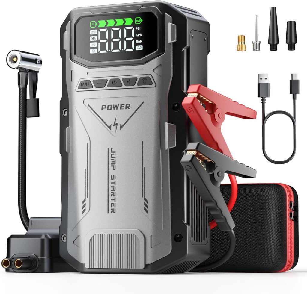 Jump Starter with Air Compressor, 4000A Jump Box Car Battery Charger, Portable Jumper Starter Power Pack (8.0L Gas/6.5L Diesel),Roadside Emergency Kit for Vehicle/Motorcycle Combo Tire Inflator