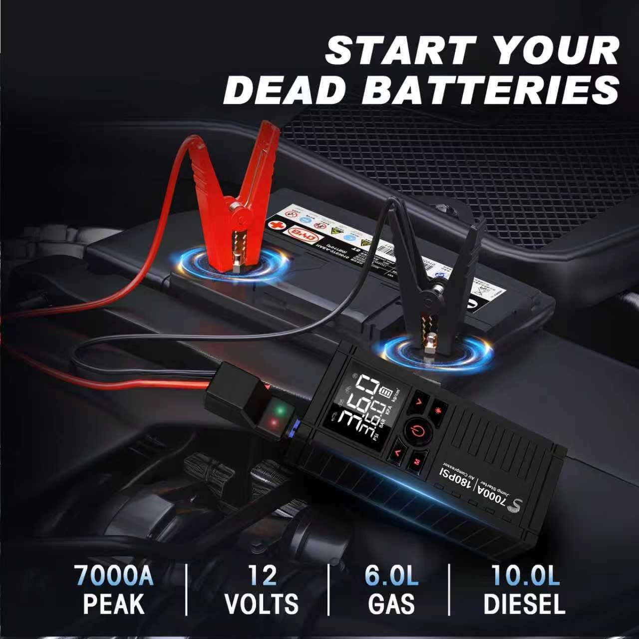 Jump Starter with Air Compressor, 7000A 180PSI Car Battery Jump Starter Jump Box (All Gas/10.0L Diesel), Battery Jumper Starter Portable Jumper Cables, Large LCD Display, LED Light Black