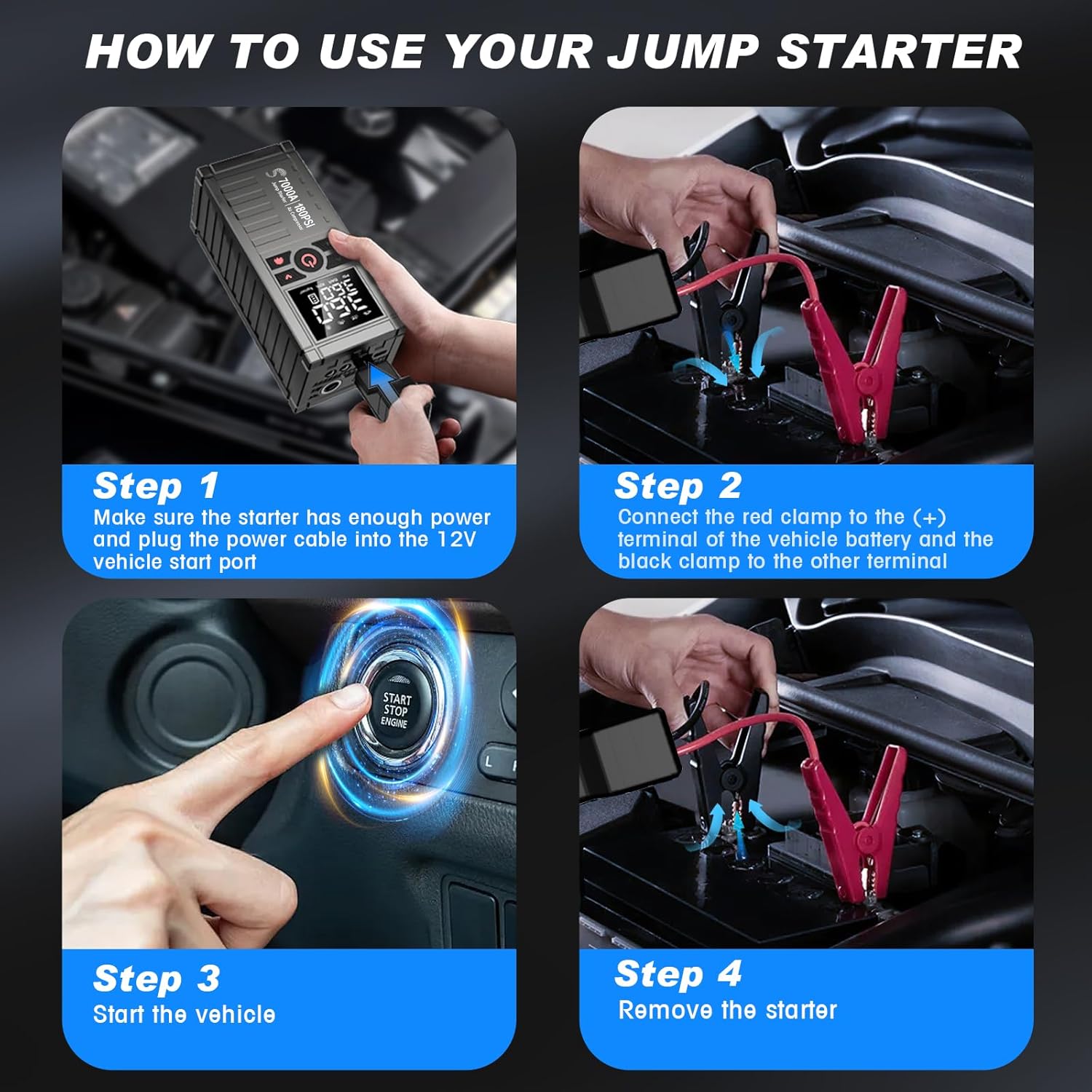 Jump Starter with Air Compressor, 7000A 180PSI Car Battery Jump Starter Jump Box (All Gas/10.0L Diesel), Battery Jumper Starter Portable Jumper Cables, Large LCD Display, LED Light Black