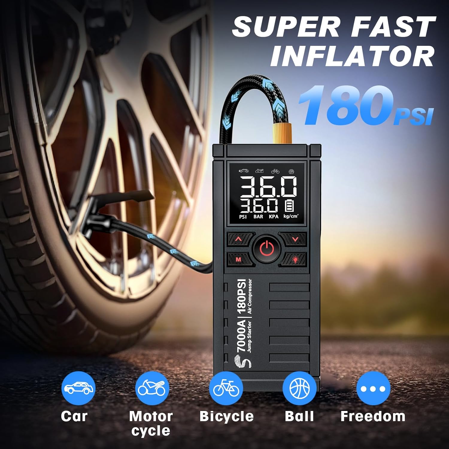 Jump Starter with Air Compressor, 7000A 180PSI Car Battery Jump Starter Jump Box (All Gas/10.0L Diesel), Battery Jumper Starter Portable Jumper Cables, Large LCD Display, LED Light Black