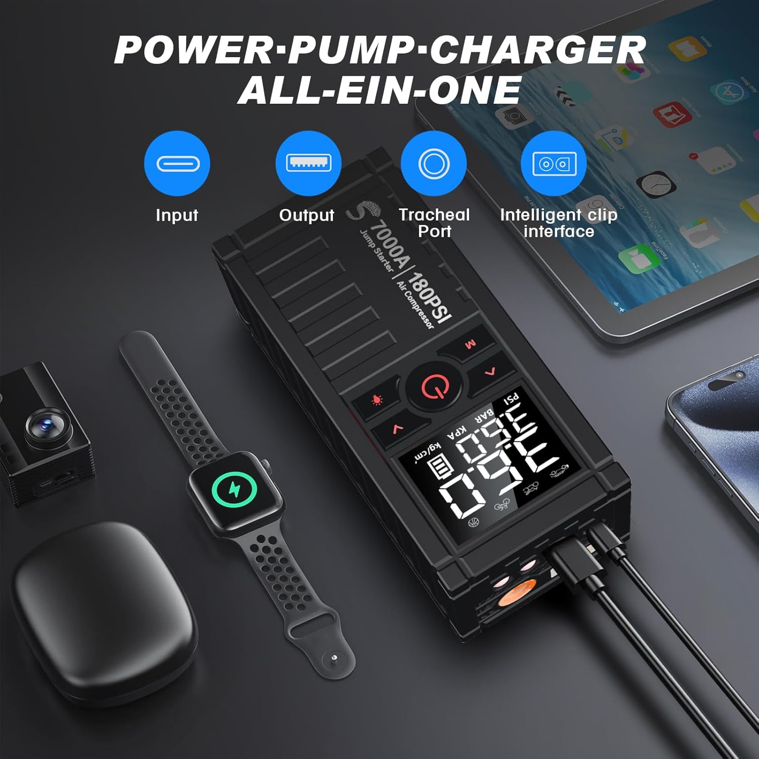 Jump Starter with Air Compressor, 7000A 180PSI Car Battery Jump Starter Jump Box (All Gas/10.0L Diesel), Battery Jumper Starter Portable Jumper Cables, Large LCD Display, LED Light Black
