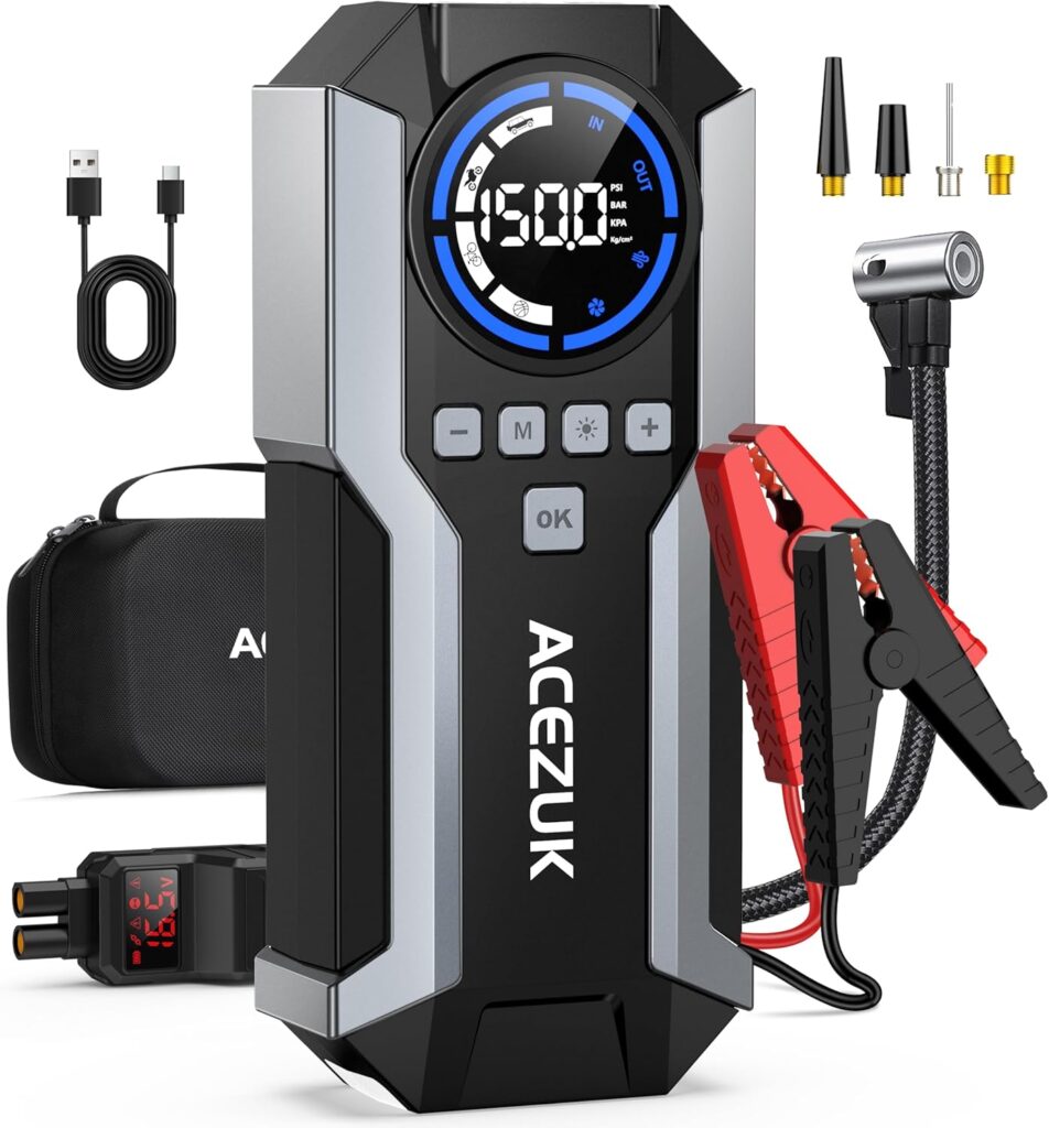 Jump Starter with Air Compressor, 8000A 150PSI Car Jump Starter (All Gas/10.0L Diesel), 12V Battery Jump Starters, Portable Jumper Cables, LCD Display and LED Lights