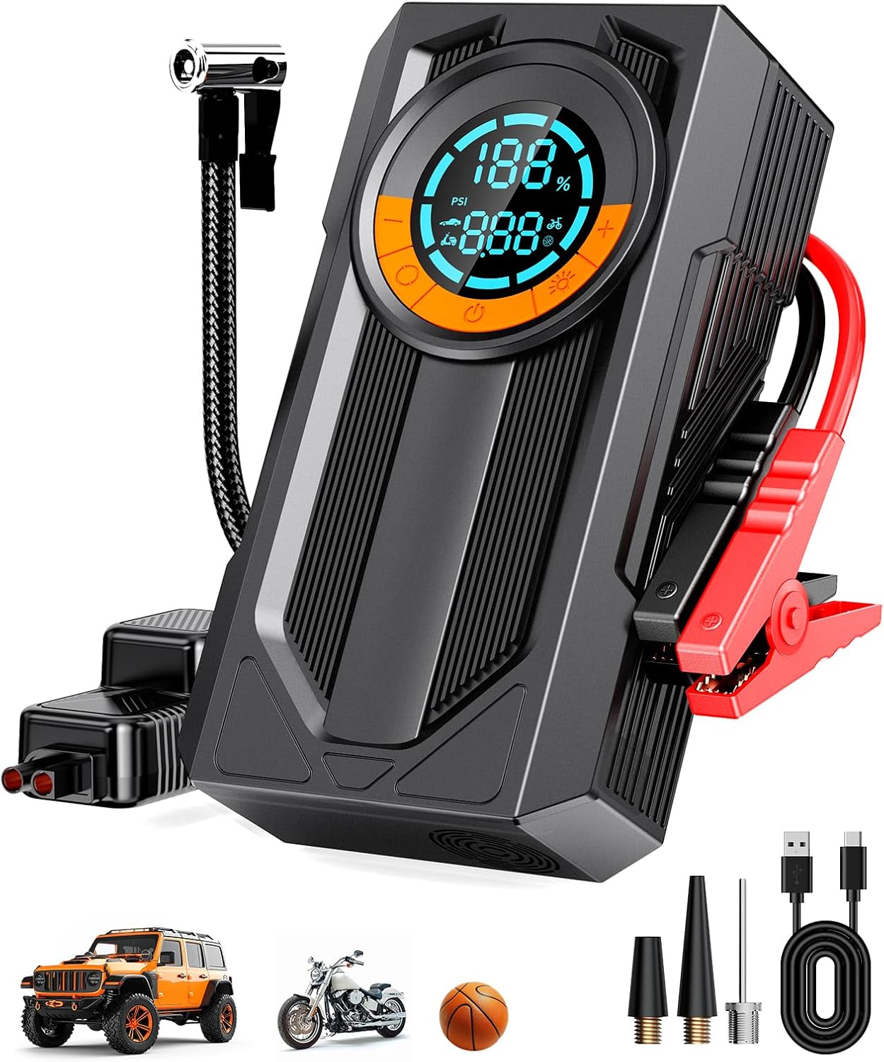 Jump Starter with Air Compressor Battery Jumper Starter Portable Car Battery Jump Starter 8.0 Gas/7.0L Diesel 12V Portable Car Jump Starter with Tire Inflator LED Light，Gift for Men Fathers Husbands
