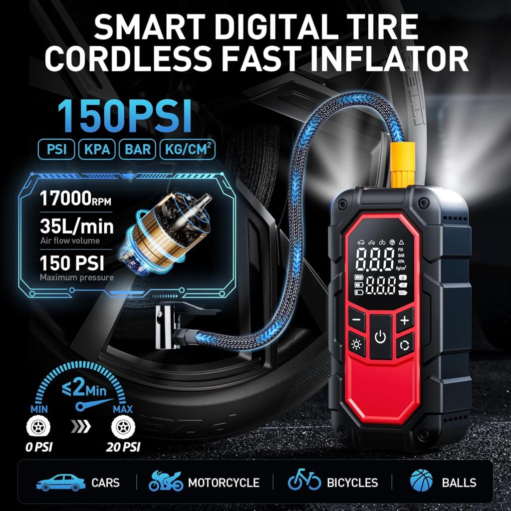 Jump Starter with Air Compressor,3000A car Battery Jump Starter (9.0 Gasoline/6.5L Diesel) with 150PSI Digital tire inflator Portable,12V Power Pack Car Jump Box Charger with LCD Display, Lights