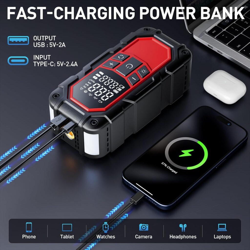 Jump Starter with Air Compressor,3000A car Battery Jump Starter (9.0 Gasoline/6.5L Diesel) with 150PSI Digital tire inflator Portable,12V Power Pack Car Jump Box Charger with LCD Display, Lights