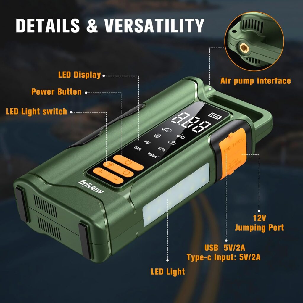 Jump Starter with Air Compressor,5000A Car Battery Jumper Starter, 16000mAh Battery Jumper Starter Portable for 10L Gas/Diesel Engine with 160PSI Booster,LED Display  Light,Jumper Cables