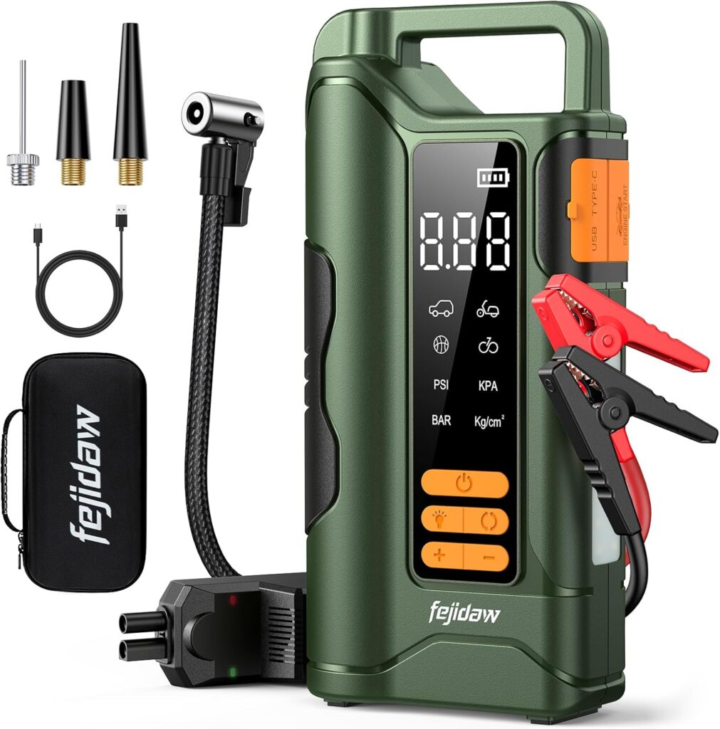 Jump Starter with Air Compressor,5000A Car Battery Jumper Starter, 16000mAh Battery Jumper Starter Portable for 10L Gas/Diesel Engine with 160PSI Booster,LED Display  Light,Jumper Cables