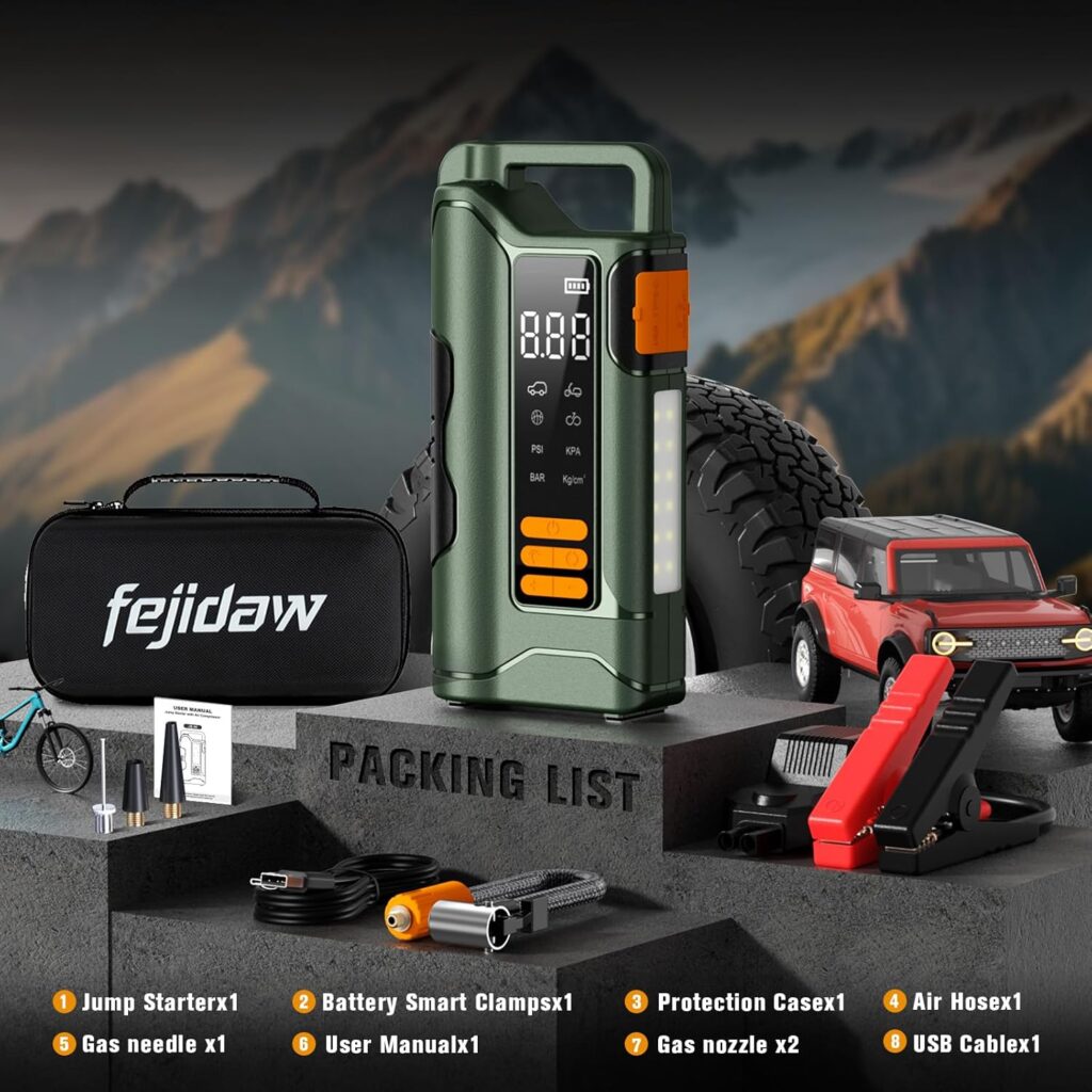 Jump Starter with Air Compressor,5000A Car Battery Jumper Starter, 16000mAh Battery Jumper Starter Portable for 10L Gas/Diesel Engine with 160PSI Booster,LED Display  Light,Jumper Cables