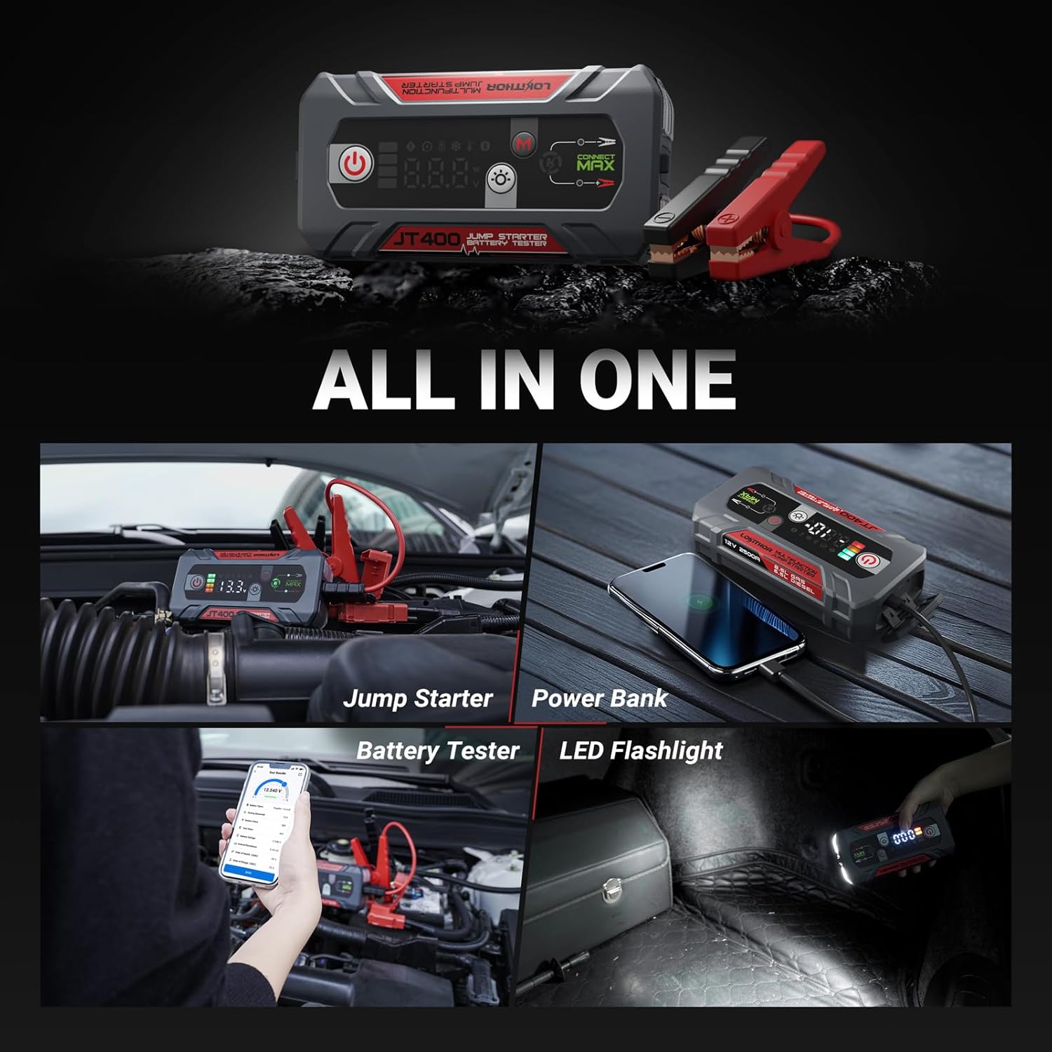 LOKITHOR JT400 Jump Starter and Battery Tester 2-in-1, 2500A 12V Battery Jumper Starter Portable for Up to 8.5L Gas  6.5L Diesel Engines, 100-2000 CCA Load Capacity Automotive Load Tester