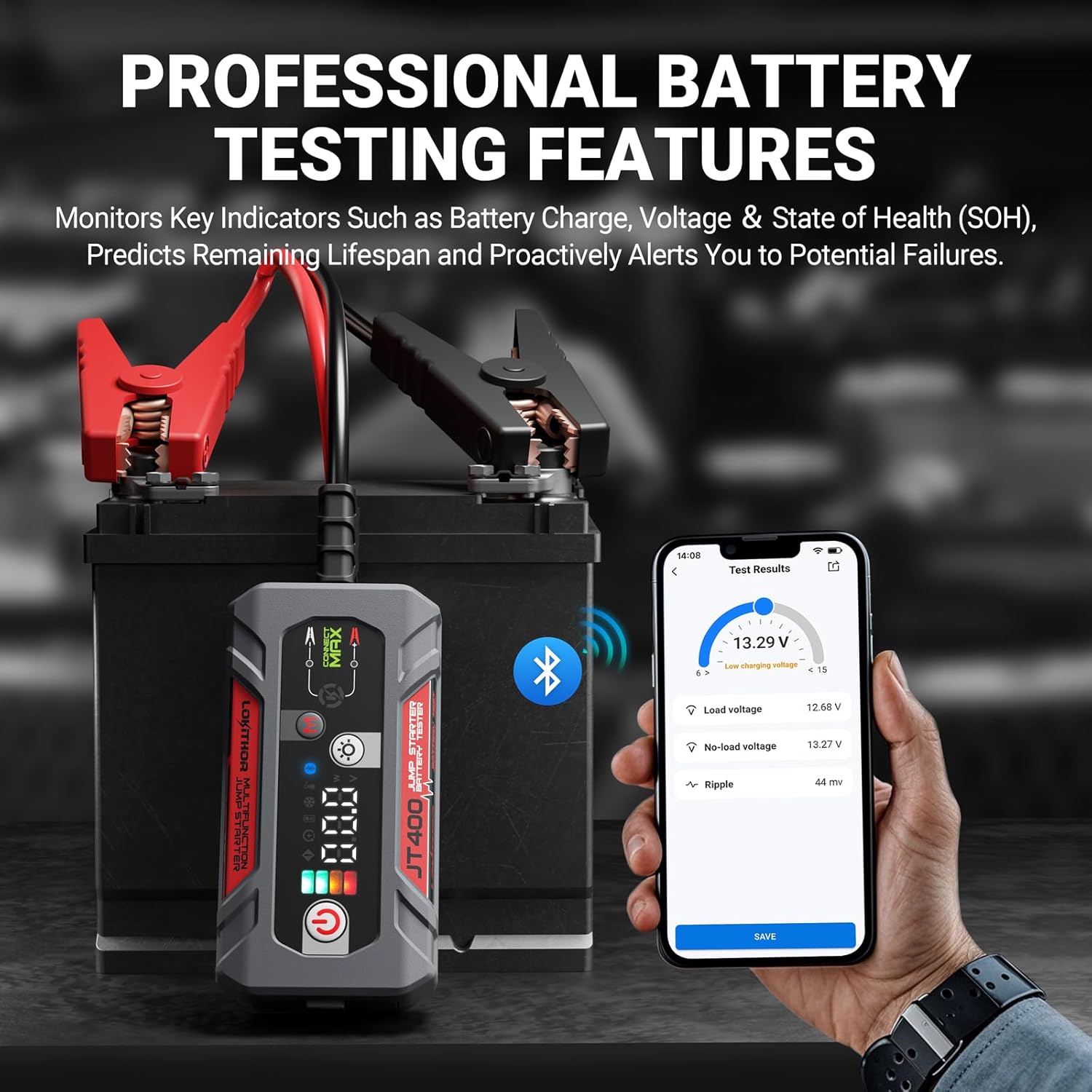 LOKITHOR JT400 Jump Starter and Battery Tester 2-in-1, 2500A 12V Battery Jumper Starter Portable for Up to 8.5L Gas  6.5L Diesel Engines, 100-2000 CCA Load Capacity Automotive Load Tester