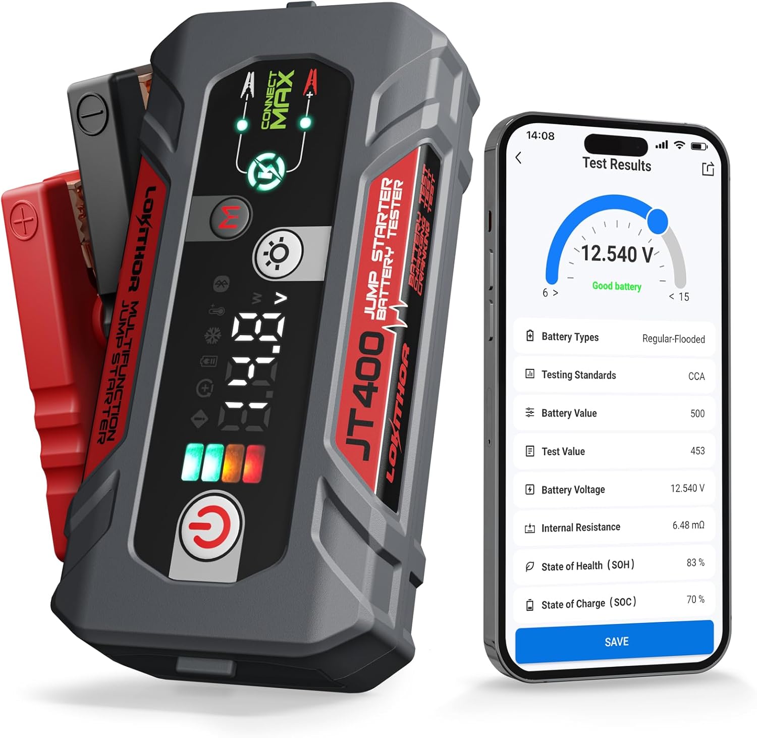 LOKITHOR JT400 Jump Starter and Battery Tester 2-in-1, 2500A 12V Battery Jumper Starter Portable for Up to 8.5L Gas  6.5L Diesel Engines, 100-2000 CCA Load Capacity Automotive Load Tester