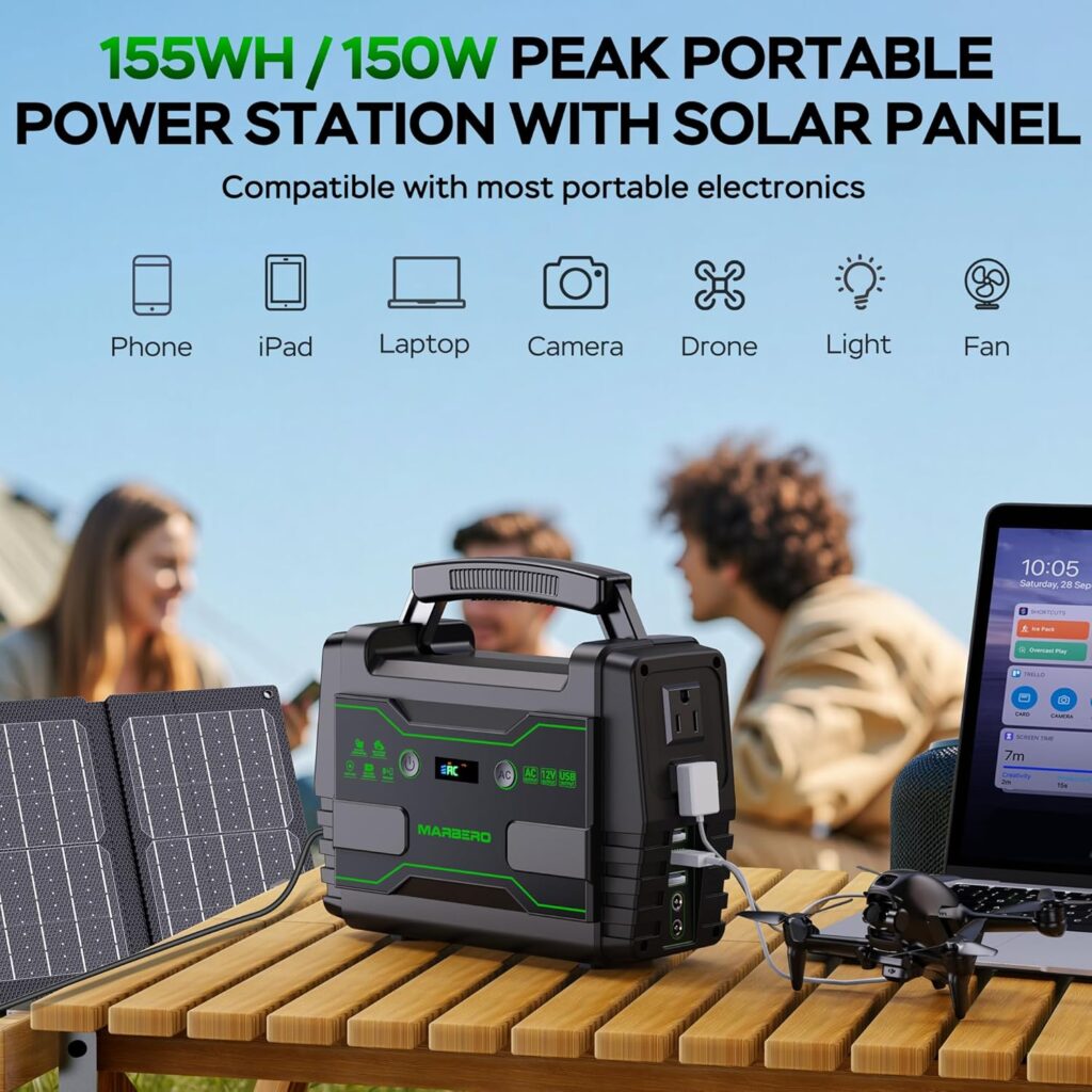 MARBERO Solar Generator 150W Peak 150Wh Portable Power Station with Solar Panel Included Camping Power Supply with AC Outlet DC USB Ports for Outdoor RV Fishing Emergency