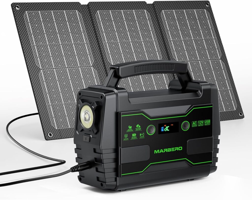 MARBERO Solar Generator 155Wh with 30W Solar Panel Portable Power Station with 2x 100W AC Outlets(Peak 150W), QC3.0 USB UL Certified for Home Blackout, Camping, RV Travel, Ultra-Light  Silent Fan