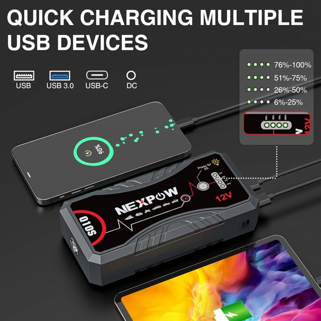NEXPOW Car Jump Starter 2025 Upgraded Car Battery Jump Starter Pack 3000A Peak for Up to 9.0L Gas and 7.0L Diesel Engine 12V Auto Battery starter Jumper Cables Portable Lithium Jump Box with USB QC3.0