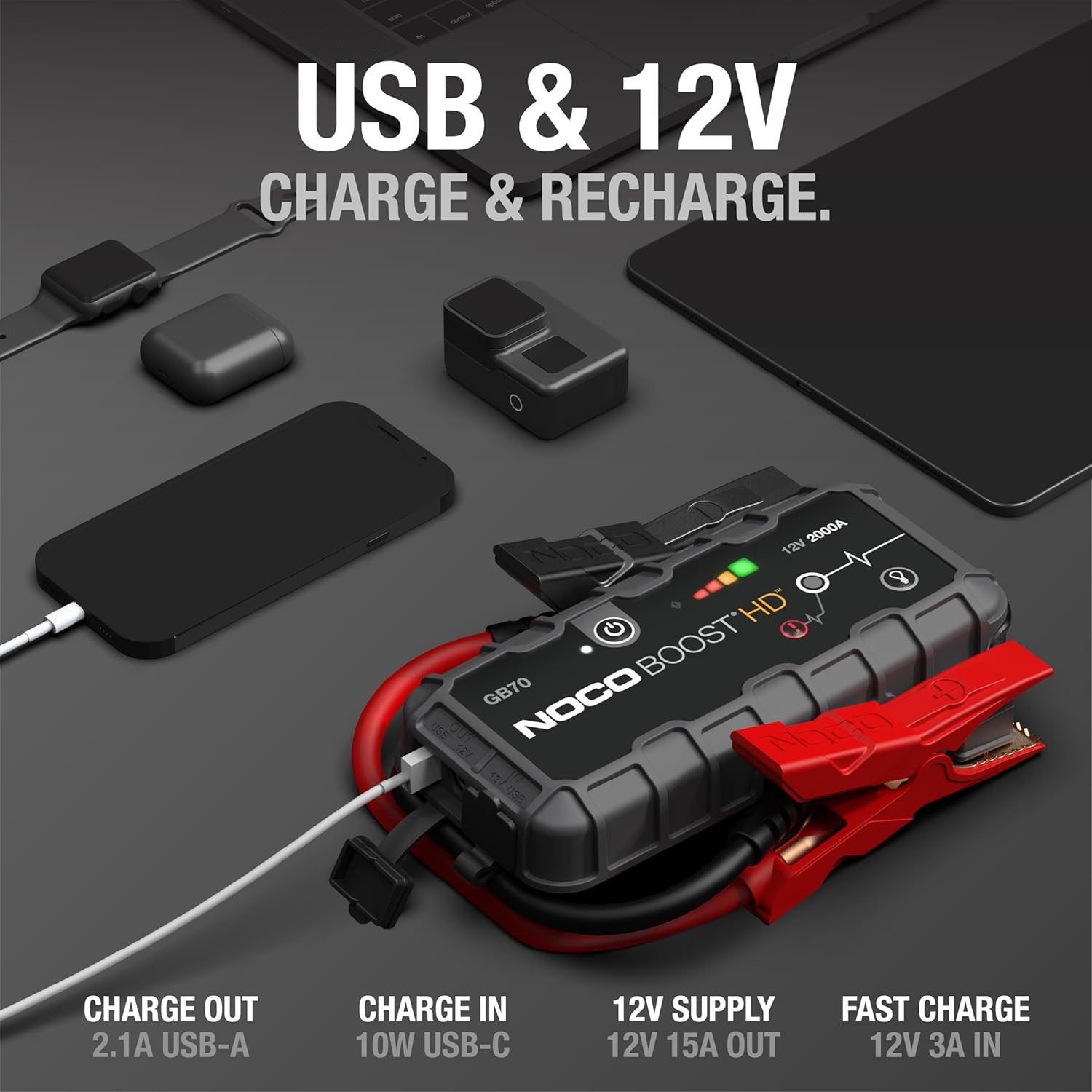 NOCO Boost GB70: 2000A UltraSafe Jump Starter – 12V Lithium Battery Booster Pack, Portable Jump Box, Power Bank  Jumper Cables - for 8.0L Gas and 6.0L Diesel Engines