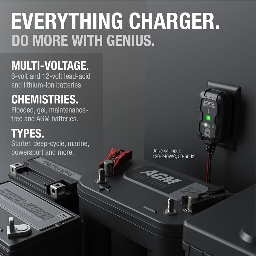 NOCO GENIUS1: 1A 6V/12V Smart Battery Charger – Automatic Maintainer, Trickle Charger  Desulfator with Overcharge Protection  Temperature Compensation – For Lead-Acid  Lithium Batteries