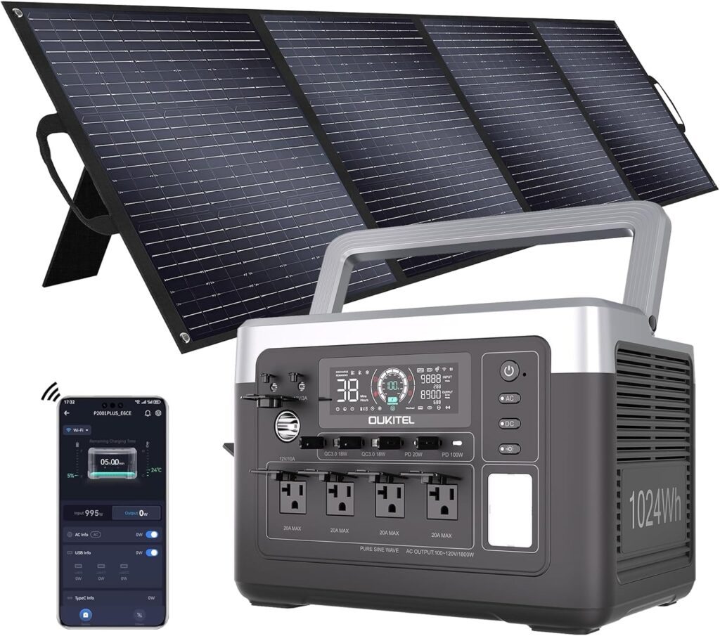OUKITEL P1000 Plus 1800W Power Station with 200W Solar Panel, 1024Wh Solar Generator with 4 AC Outlets (3600W Peak), 1200W Fast Charging, APP Control Battery Backup for Home, Camping  RVs