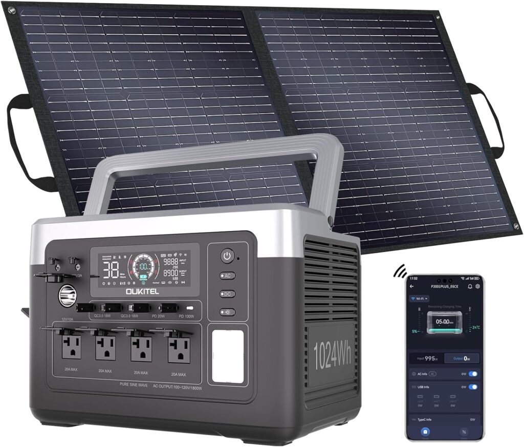 OUKITEL P1000 Plus 1800W Power Station with 200W Solar Panel, 1024Wh Solar Generator with 4 AC Outlets (3600W Peak), 1200W Fast Charging, APP Control Battery Backup for Home, Camping  RVs