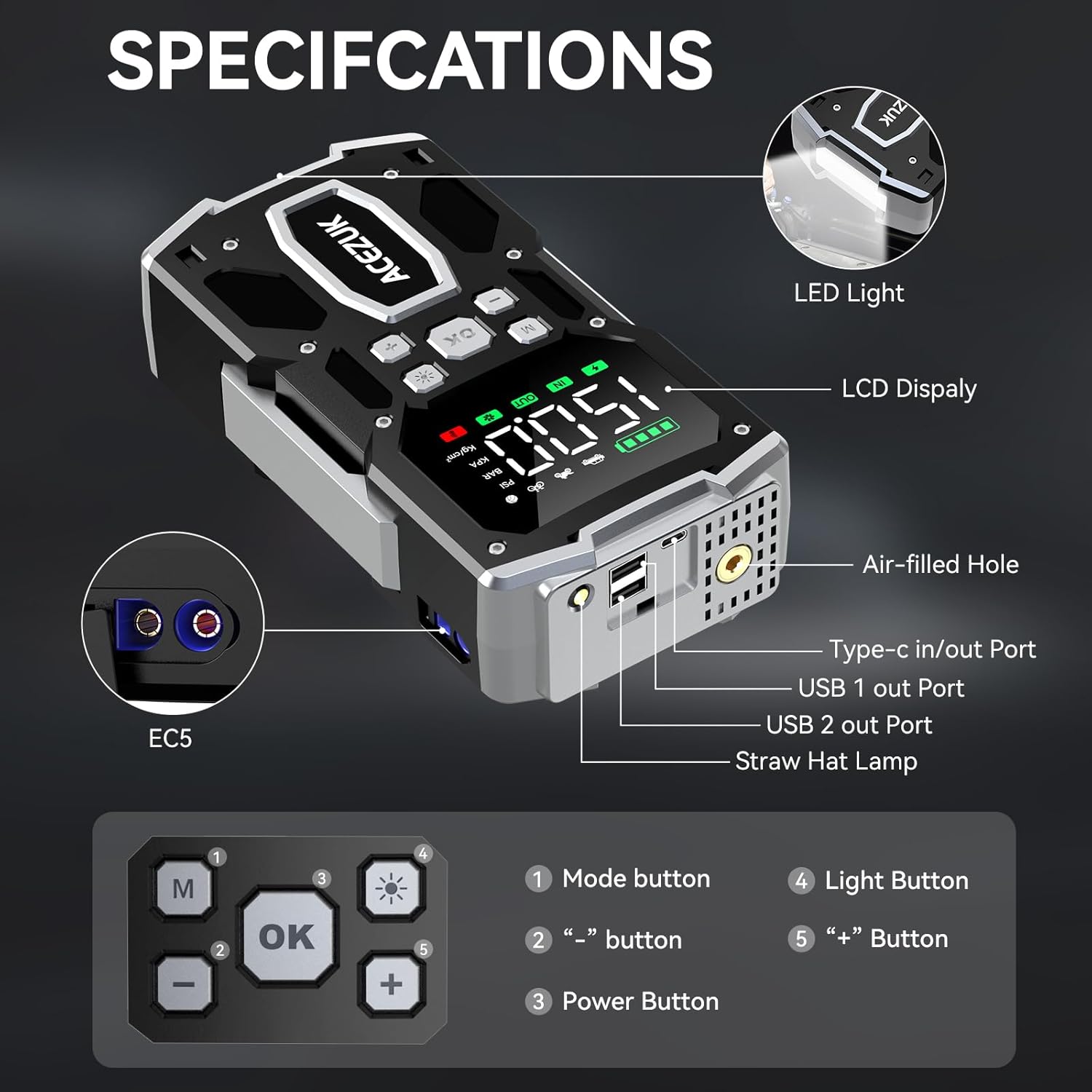 Portable Car Jump Starter with Air Compressor, ACEZUK 150PSI 8000A Jump Starter (All Gas/10.0L Diesel), 12V Battery Jump Box Car Battery Jumper Starter with 3.4 LCD Display, 2 Lights