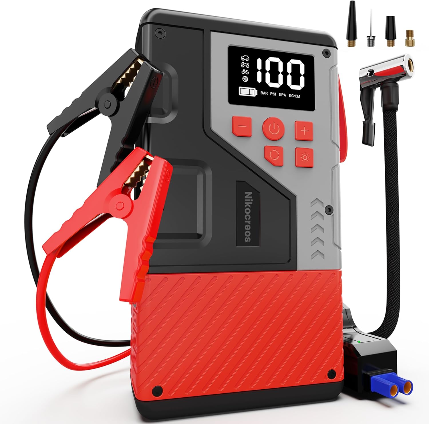 Portable Car Jump Starter with Air Compressor for Emergencies,3000A Peak and 150 PSI Max,for 12L Gas  10L Diesel Engines,LCD Display,LED Light