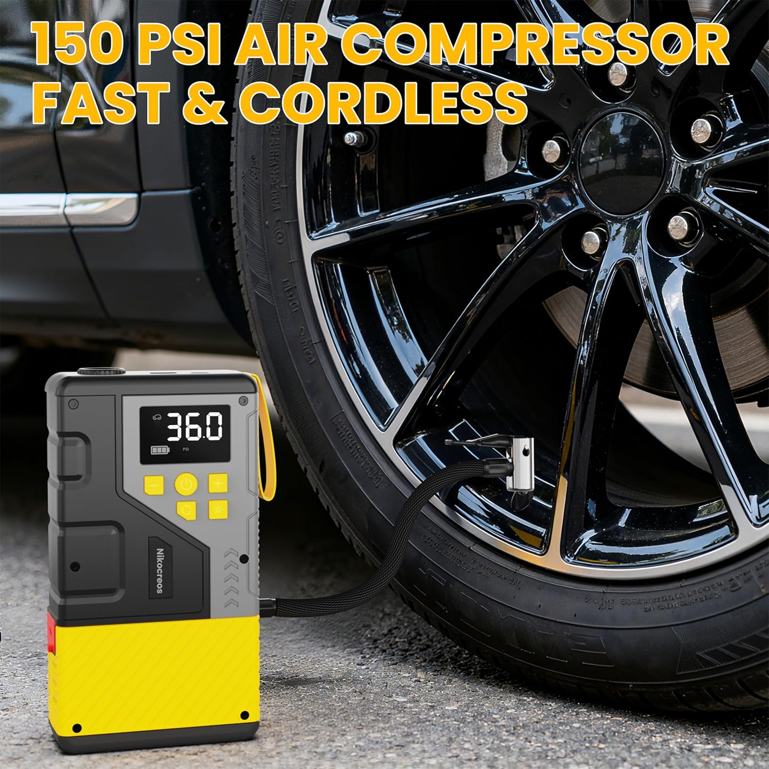 Portable Car Jump Starter with Air Compressor for Emergencies,3000A Peak and 150 PSI Max,for 12L Gas  10L Diesel Engines,LCD Display,LED Light